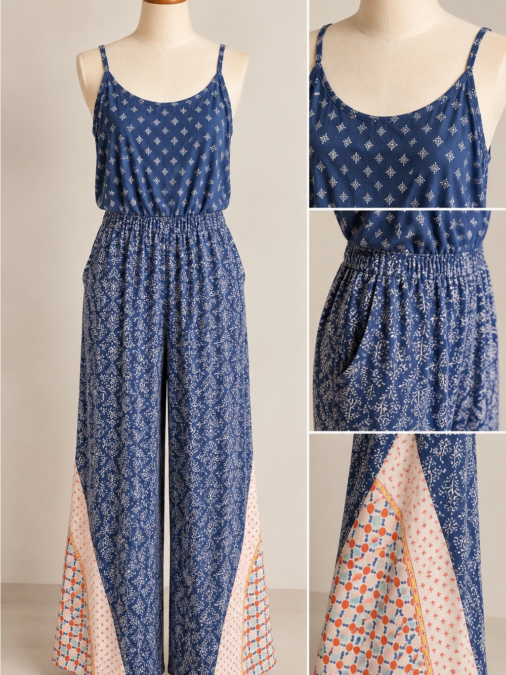 Matilda Jane Blue Printed Wide-Leg Romper with Contrast Panels